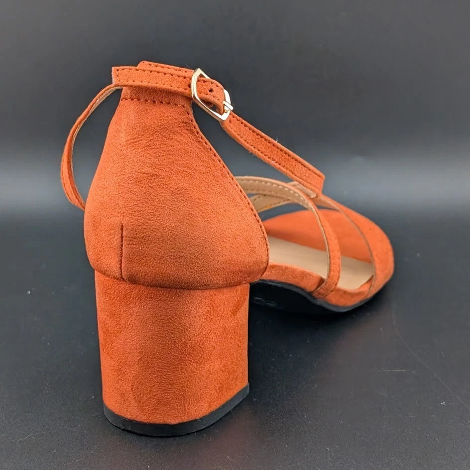 Women Size 7 Chunky Heel Cross-Strap Sandals Open Toe Wedding Dress Faux Suede SoleComfort.shoes