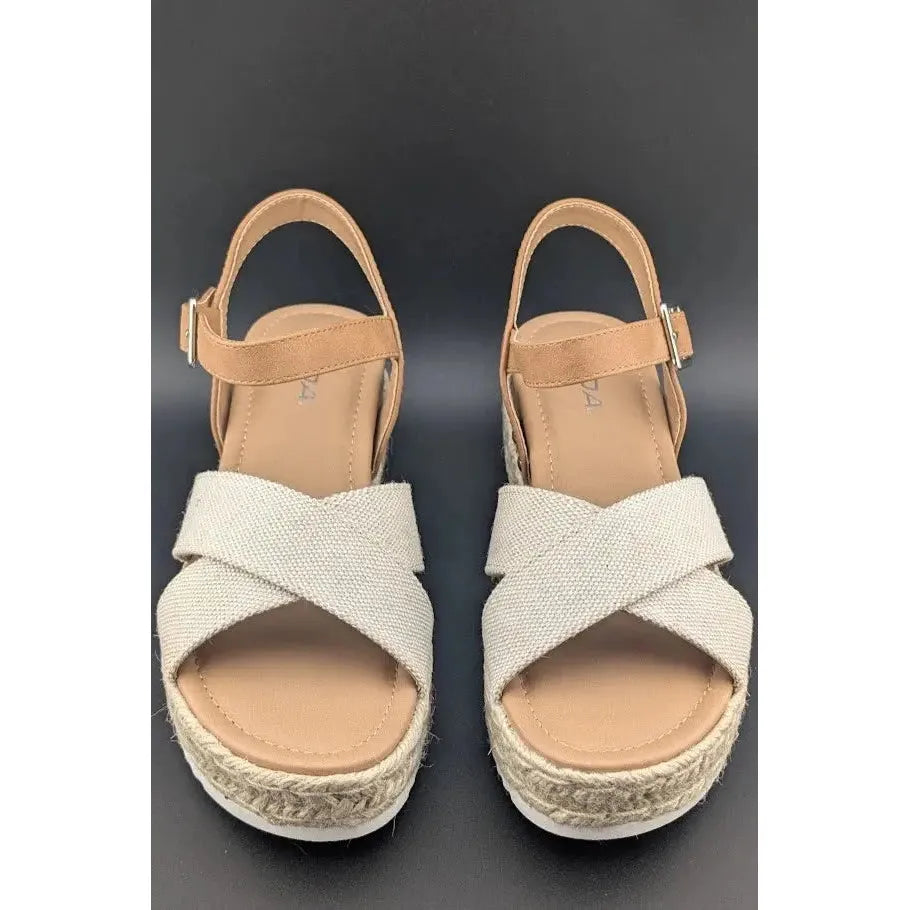 Womens Size 8 Soda "Firefly" Espadrille Ankle Strap Platform Sandal Light Brown SoleComfort.shoes