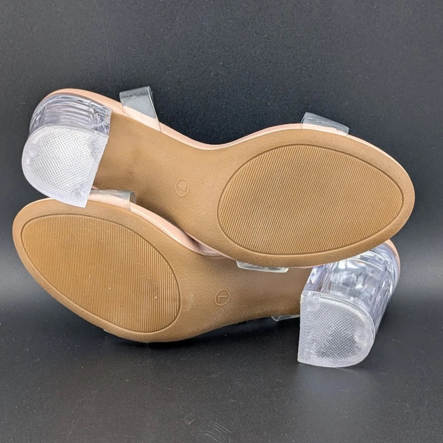 Women's Size 7 Clear Heeled Sandals Ankle Strap Block Chunky Heel Open Toe SoleComfort.shoes
