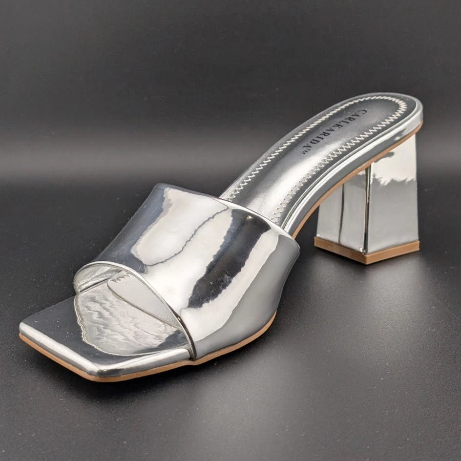 Carl Karida Size 7.5 Women's Silver Metallic Slip On Chunky Heeled Mules Luxury SoleComfort.shoes