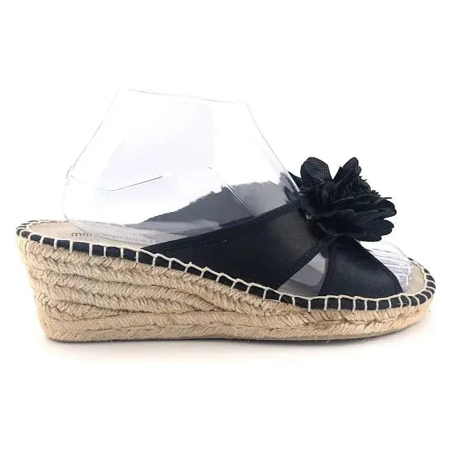 Montego Bay Club Black Fabric Flower Espadrille Wedge Sandal US size 8M - SoleComfort.shoes