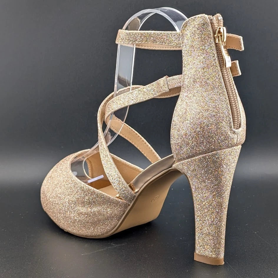 Women's Sz 8.5 Platform 4" Heels, Evening, Party, Wedding Shoes RoseGold Glitter SoleComfort.shoes