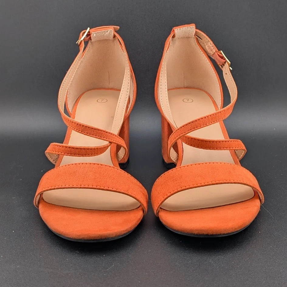 Women Size 7 Chunky Heel Cross-Strap Sandals Open Toe Wedding Dress Faux Suede SoleComfort.shoes