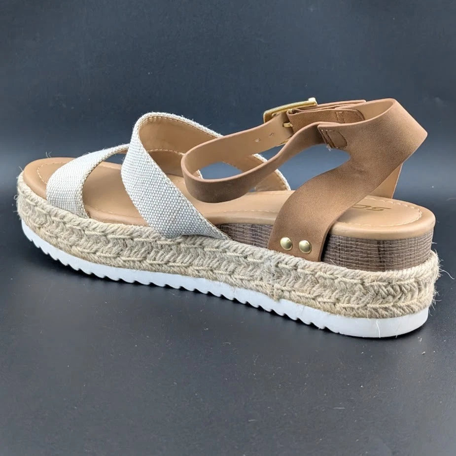 Women's Size 10 Soda Bryce Espadrille Ankle Strap Platform Sandal Light Brown SoleComfort.shoes