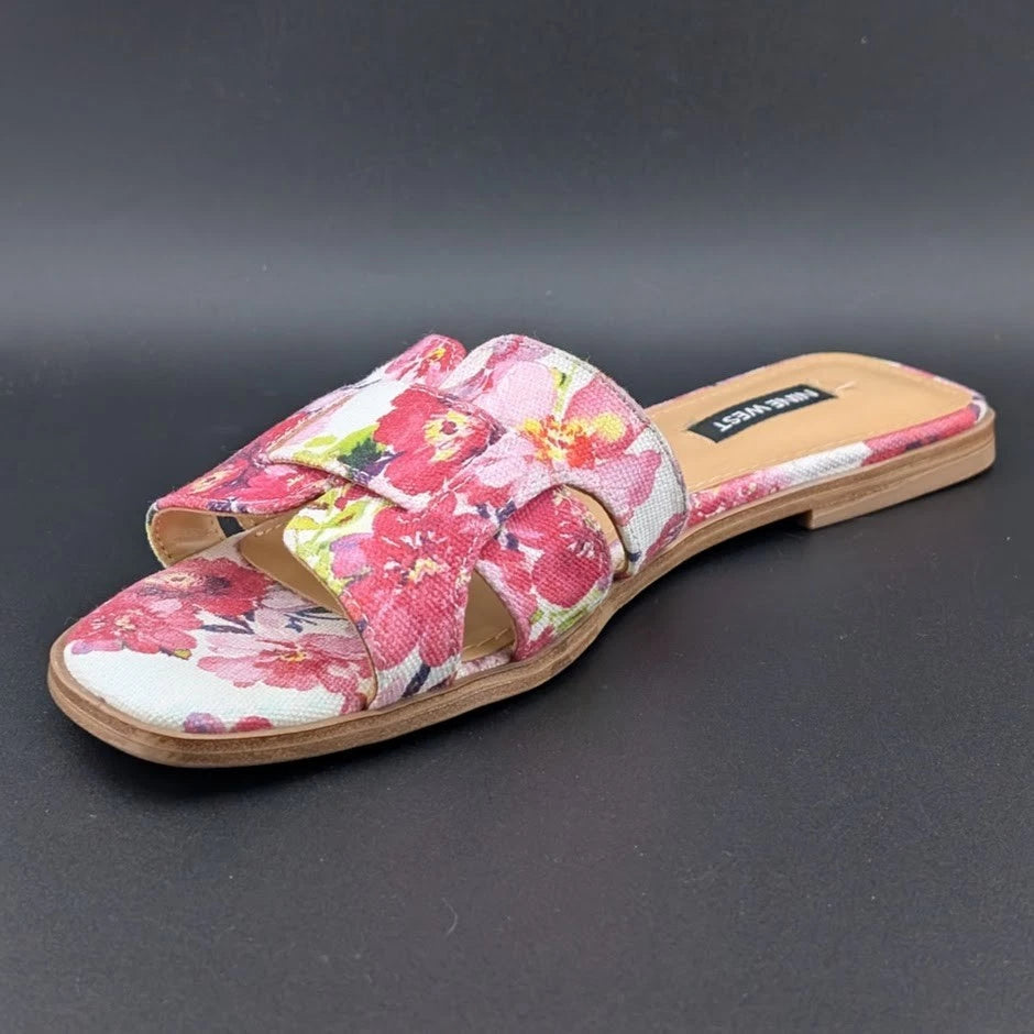 Nine West Size 9 Germani Light Natural Flat Slide Sandals Floral SoleComfort.shoes