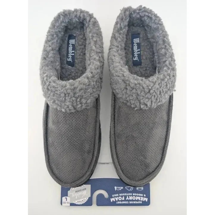 Wembley Mens Grey Indoor/Outdoor Microsuede Moccasin Slipper with Fleece Lining Wembley
