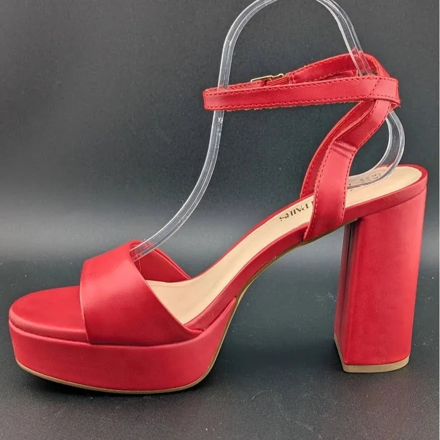 DREAM PAIRS Platform Heels SZ 8.5 Women Red Chunky Open Toe Ankle Strap Heels SoleComfort.shoes