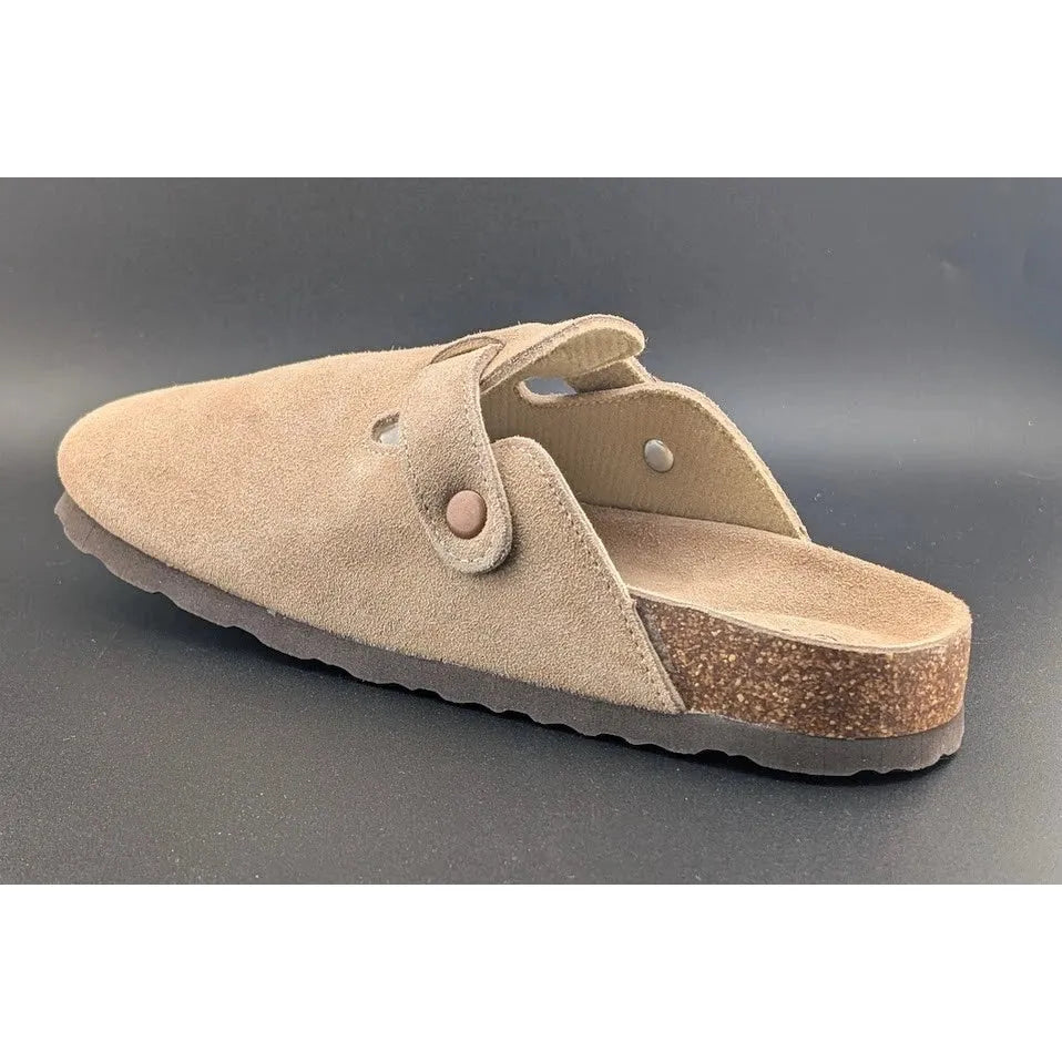 KIDMI Women's EU39 (US 8-8.5) Suede Clogs w/ Back Strap Leather Mules Cork Footbed Slip on SoleComfort.shoes