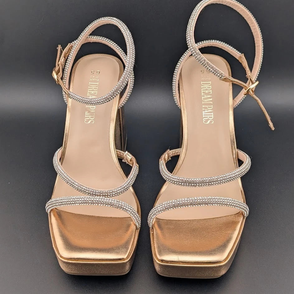 Women's Size 6.5 Bronze Metallic Platform Strappy 4" Block Heels w/ Rhinestones SoleComfort.shoes