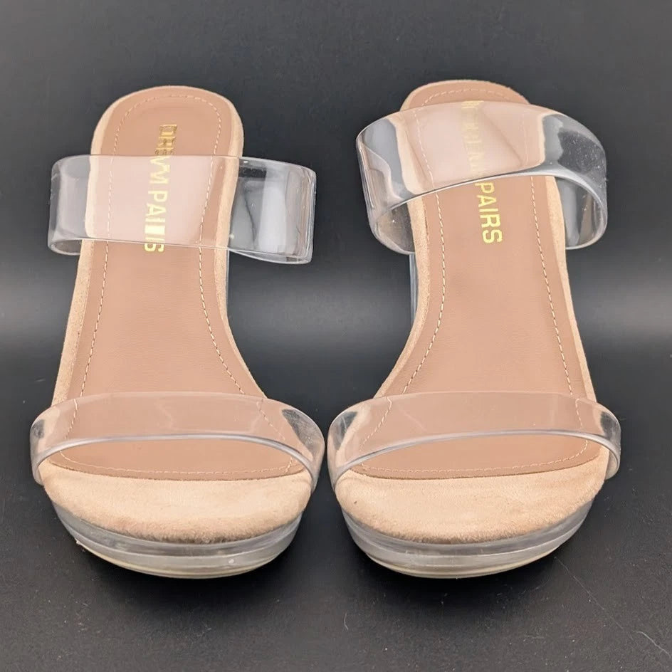 Women Clear Two Strap Open Toe High Block Chunky Slip On Dress Heel Sandals SoleComfort.shoes