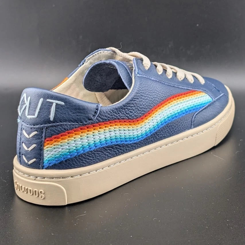 NWB Womens Size 6.5* Soludos Ibiza Blue Leather Embroidered Rainbow Wave Sneaker SoleComfort.shoes