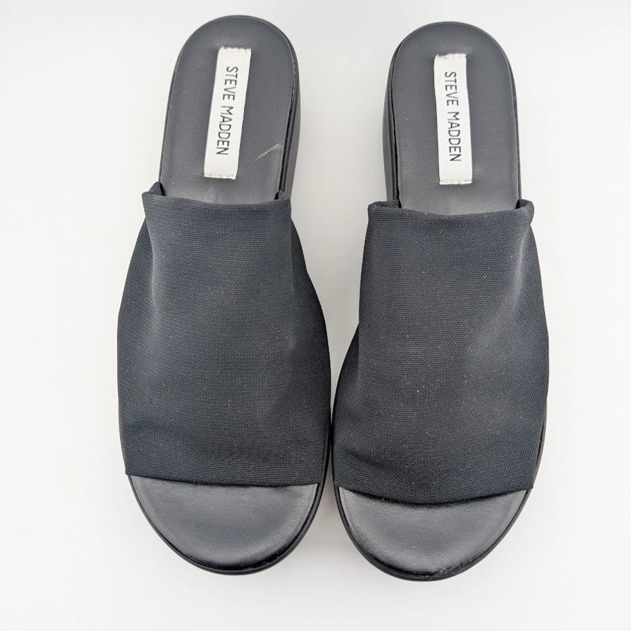 Steve Madden Size 9 Black Slinky Stretchy Platform Chunky Slide Sandals-Made In Italy SoleComfort.shoes