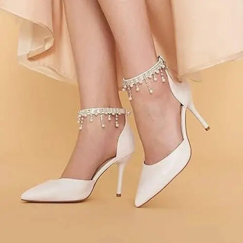 Women's Size 7.5 Ankle Strap Pointed Toe Stilettos High Heel Wedding Pump Shoes With Pearls Dream Pairs