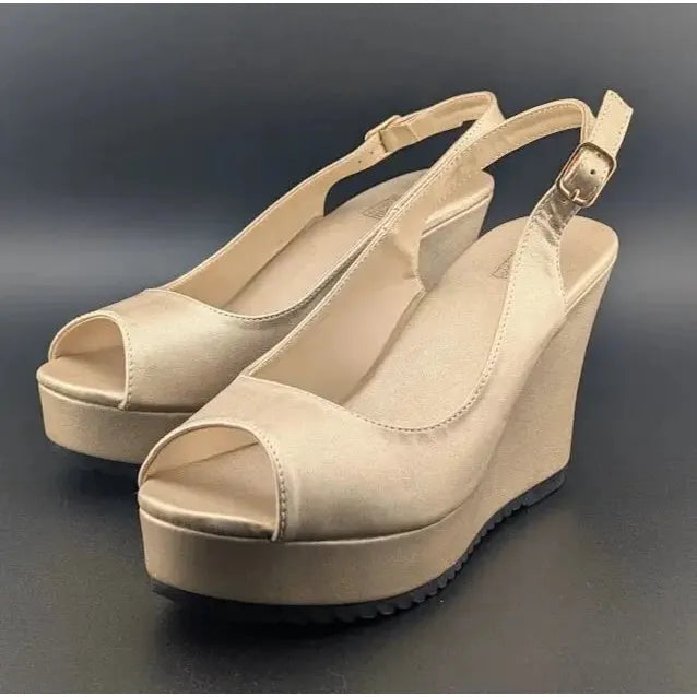 Gold Peep Toe, Slingback, 4-inch Wedge, Women's Platform Dress Shoe - Size 8-8.5 Unbranded