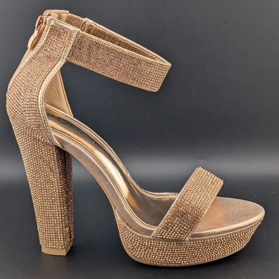 ShoeLand Womens Sz 9 Bronze Rhinestone Platform Sandal Chunky Block 5" Heel Sexy SoleComfort.shoes