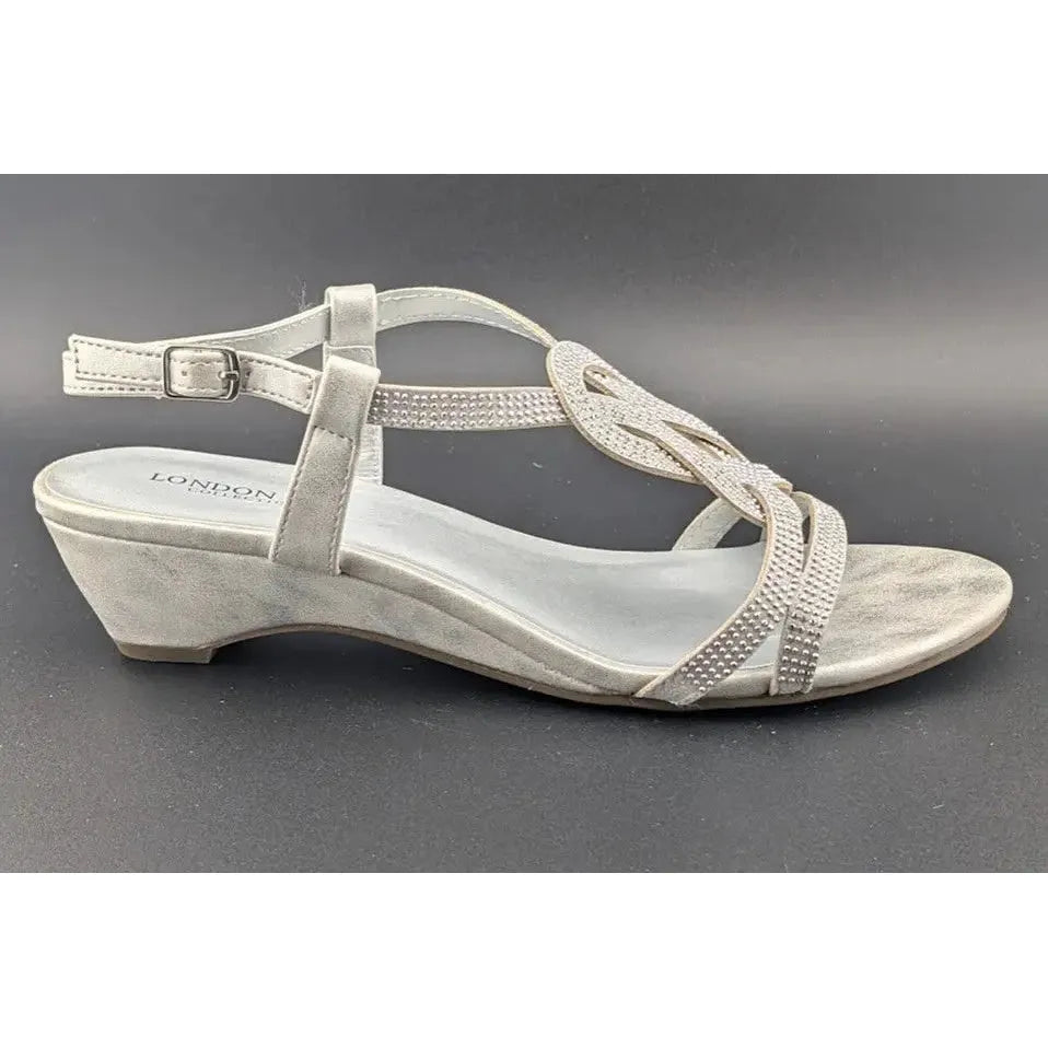 London Fog Women's Macey Demi-Wedge Rhinestone Sandals Silver Size 8 New In Box SoleComfort.shoes