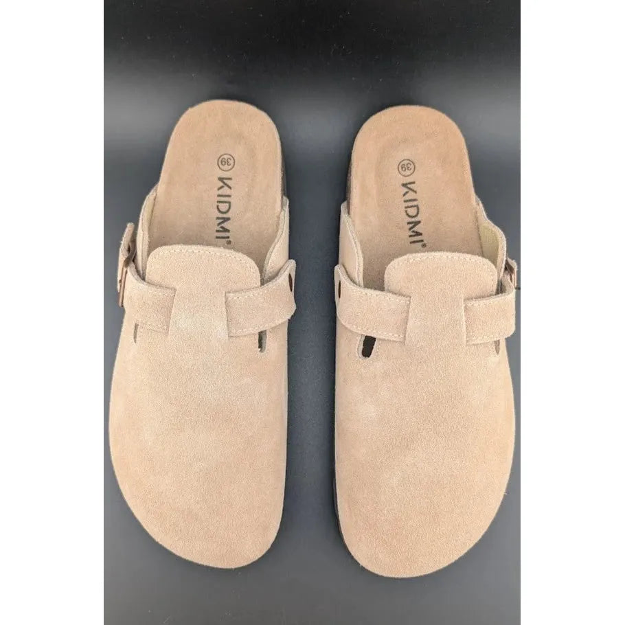 KIDMI Women's EU39 (US 8-8.5) Suede Clogs w/ Back Strap Leather Mules Cork Footbed Slip on SoleComfort.shoes