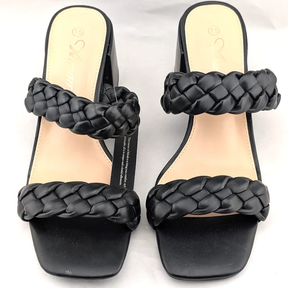 Women's Sz 7.5 Braided Heeled Sandals Strappy Square Toe Backless Mules Slip On SoleComfort.shoes