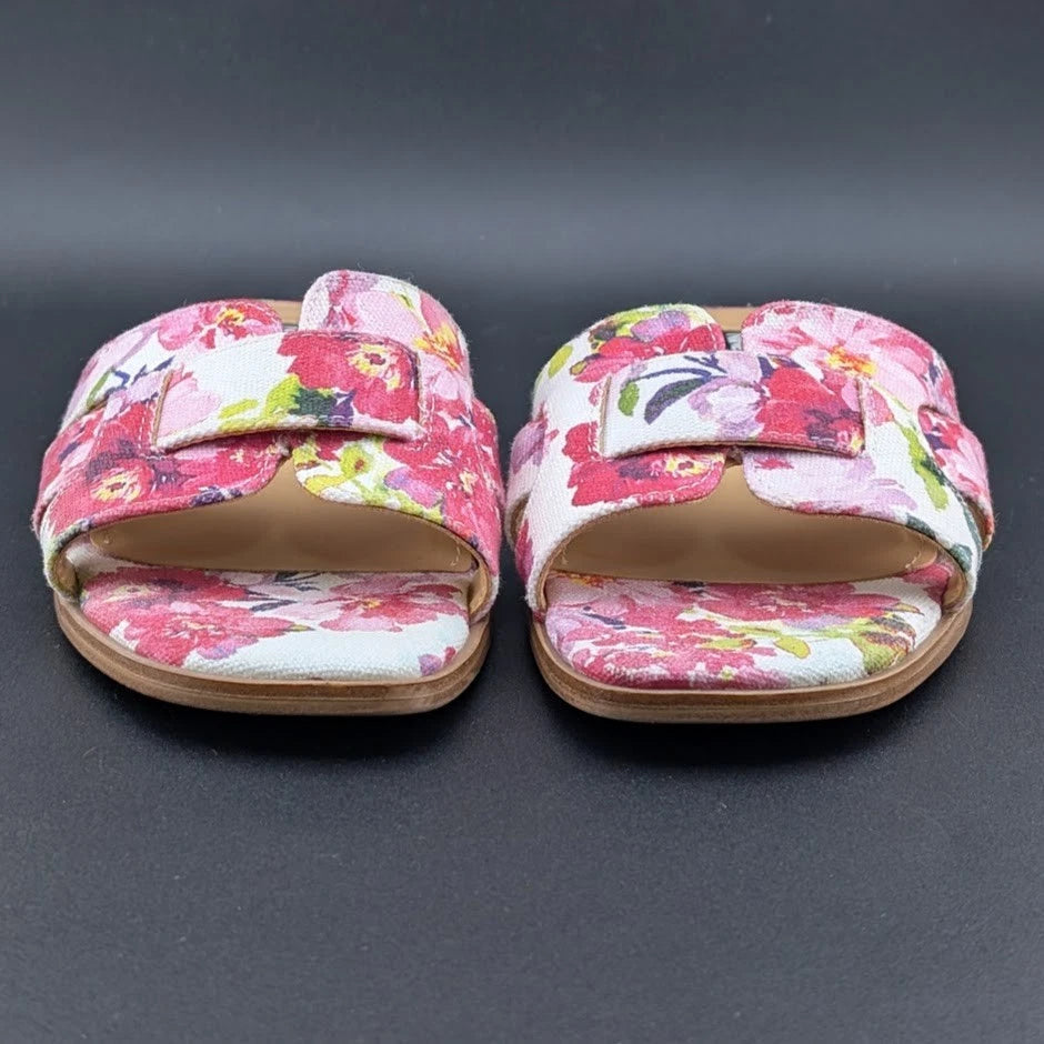 Nine West Size 9 Germani Light Natural Flat Slide Sandals Floral SoleComfort.shoes