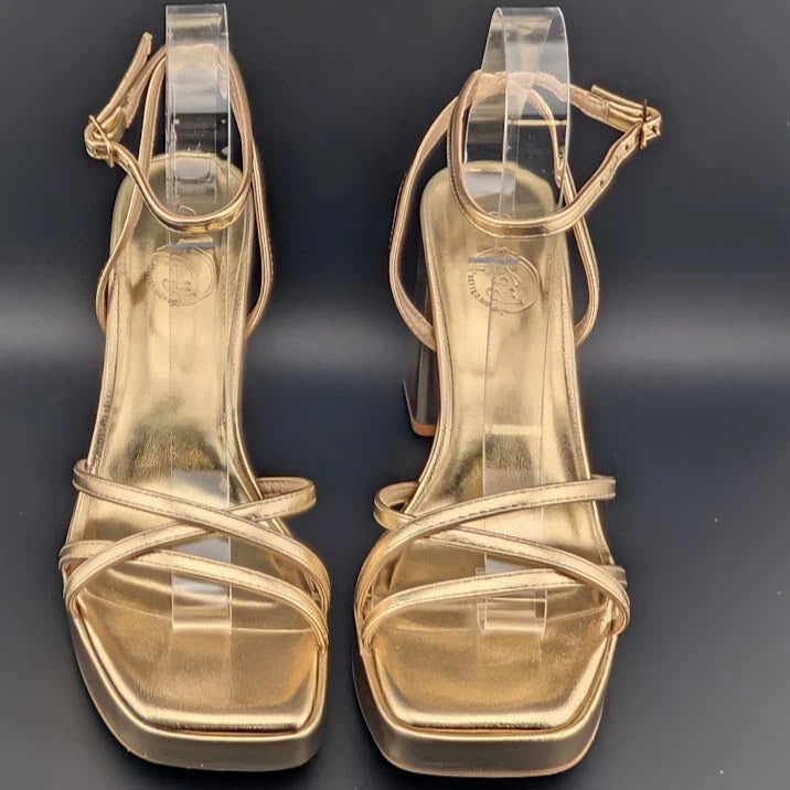 Trary Women's Size 8 Gold Strappy Platform 4" Chunky Heel Open Toe Sandals SoleComfort.shoes