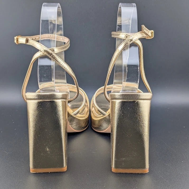 Trary Women's Size 8 Gold Strappy Platform 4" Chunky Heel Open Toe Sandals SoleComfort.shoes