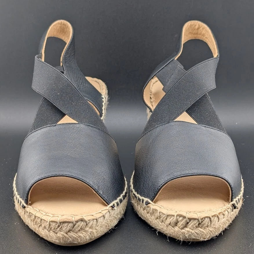 Women Size 9.5-10 (EU 40) Leather Espadrille Wedge Sandal Crossed Strap Peep Toe Made: Spain SoleComfort.shoes