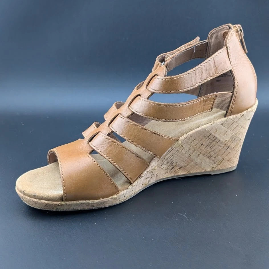 Rockport Briah Gladiator Wedge Sandal Women 6.5 Tan Leather Strap BX1984 EUC SoleComfort.shoes