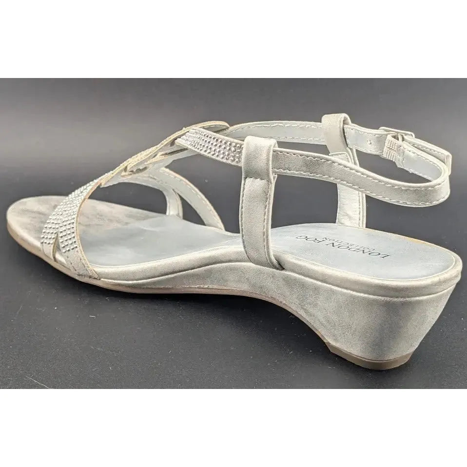 London Fog Women's Macey Demi-Wedge Rhinestone Sandals Silver Size 8 New In Box SoleComfort.shoes