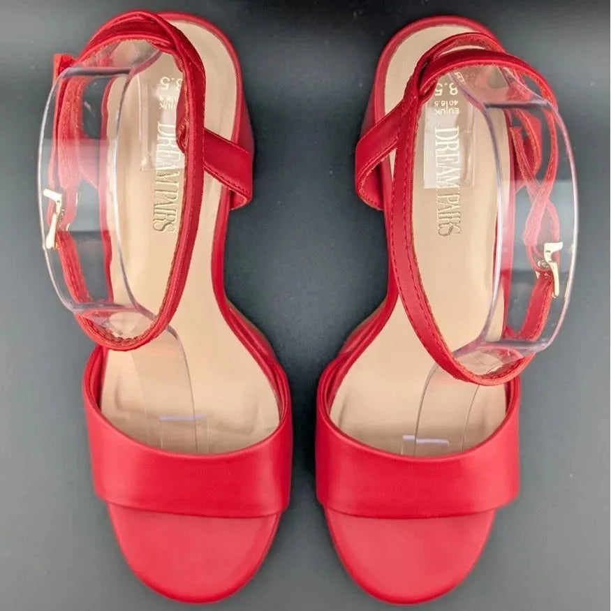 DREAM PAIRS Platform Heels SZ 8.5 Women Red Chunky Open Toe Ankle Strap Heels SoleComfort.shoes