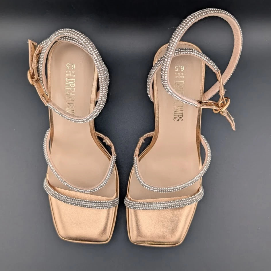 Women's Size 6.5 Bronze Metallic Platform Strappy 4" Block Heels w/ Rhinestones SoleComfort.shoes