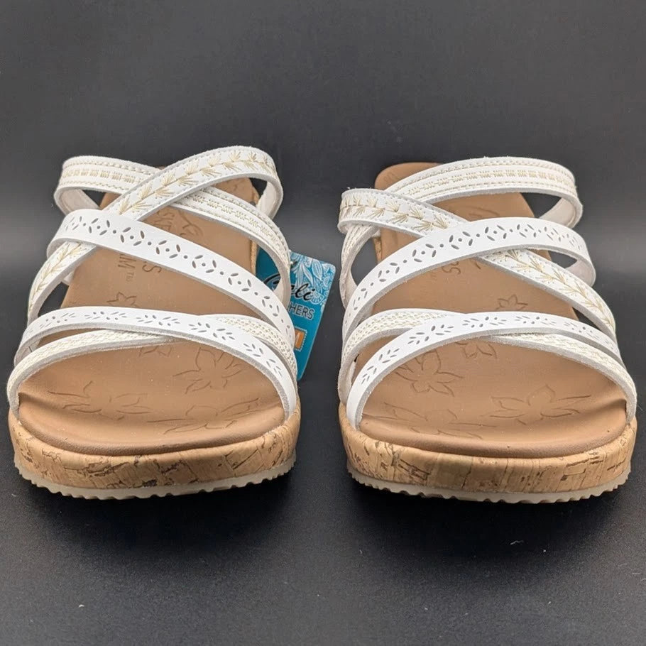 Skechers Cali Size US 11 Luxe Foam Tan White Cork Wedge Heel Sandals 31714/WHT SoleComfort.shoes