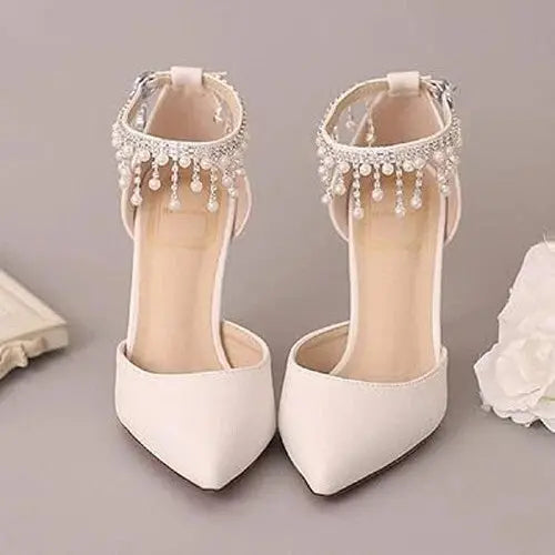 Women's Size 7.5 Ankle Strap Pointed Toe Stilettos High Heel Wedding Pump Shoes With Pearls Dream Pairs