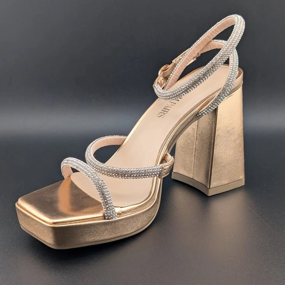 Women's Size 6.5 Bronze Metallic Platform Strappy 4" Block Heels w/ Rhinestones SoleComfort.shoes