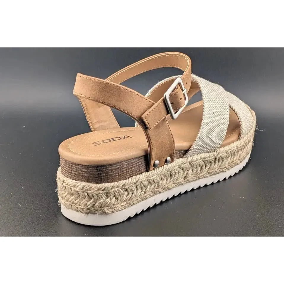 Womens Size 8 Soda "Firefly" Espadrille Ankle Strap Platform Sandal Light Brown SoleComfort.shoes