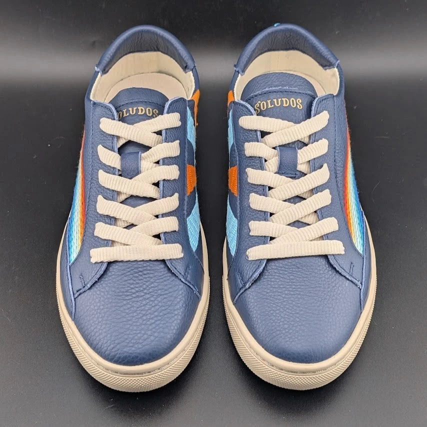 NWB Womens Size 6.5* Soludos Ibiza Blue Leather Embroidered Rainbow Wave Sneaker SoleComfort.shoes