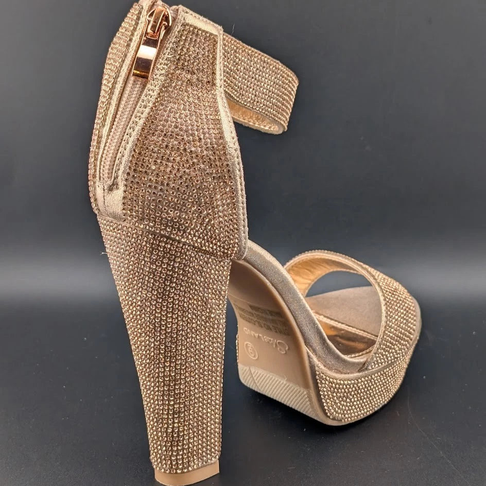 ShoeLand Womens Sz 9 Bronze Rhinestone Platform Sandal Chunky Block 5" Heel Sexy SoleComfort.shoes