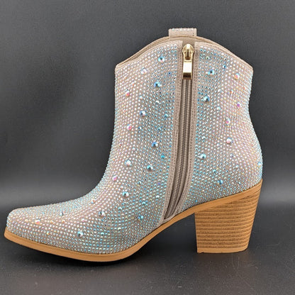 Women's Size 7 Rhinestone Zipper Sparkly Ankle Boots Western Toe Fashion Unbranded