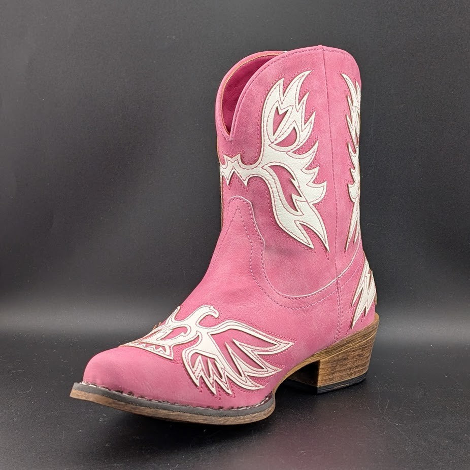 Roper Women's Sz 7 Pink "Amelia" ~ Tooled Inlay Snip Toe Casual Cowboy Booties Roper
