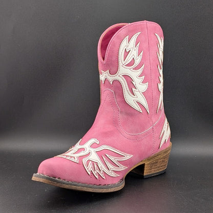 Roper Women's Sz 7 Pink "Amelia" ~ Tooled Inlay Snip Toe Casual Cowboy Booties Roper