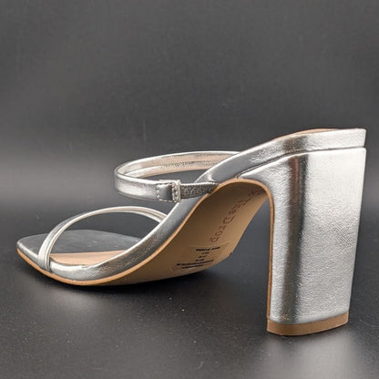 The Drop Sz 5 Avery Womens 3.5" Chunky Heel Silver Square Toe  Slide Sandals The Drop