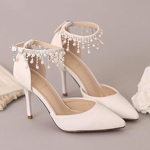 Women's 7.5 Ankle Strap Pointed Toe Stilettos High Heel Wedding Pump With Pearls Unbranded