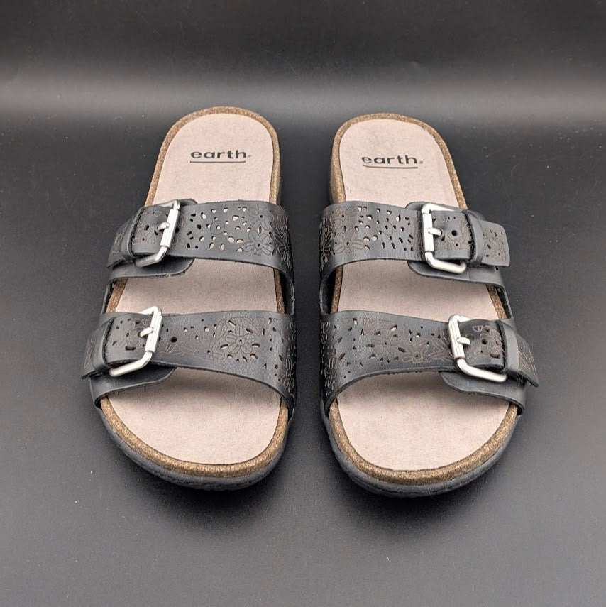 Earth Women's Sz 8.5 Sand Antigua Black Perforated Leather Buckle Comfort Sandal Earth