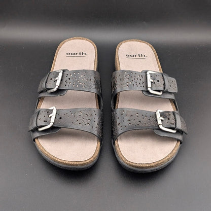 Earth Women's Sz 8.5 Sand Antigua Black Perforated Leather Buckle Comfort Sandal Earth