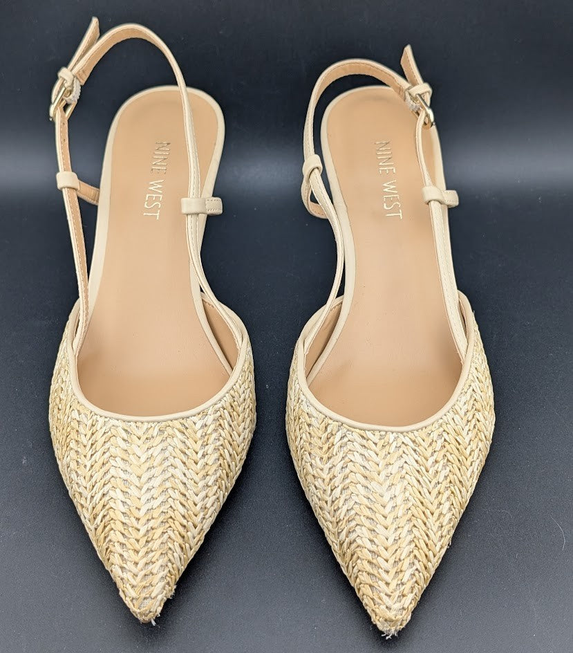 Nine West Rindy Woven Raffia Kitten Heel Pointed Toe Slingback Pump 8M Natural Nine West