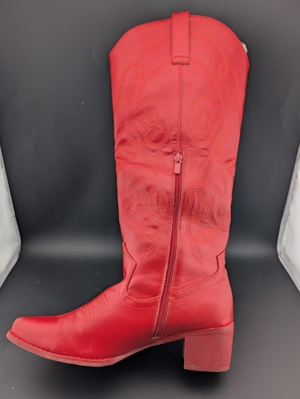PO Womens Sz 7.5 Red Faux Leather 2" Block Heel Embroid Western Cowboy Boots IUV