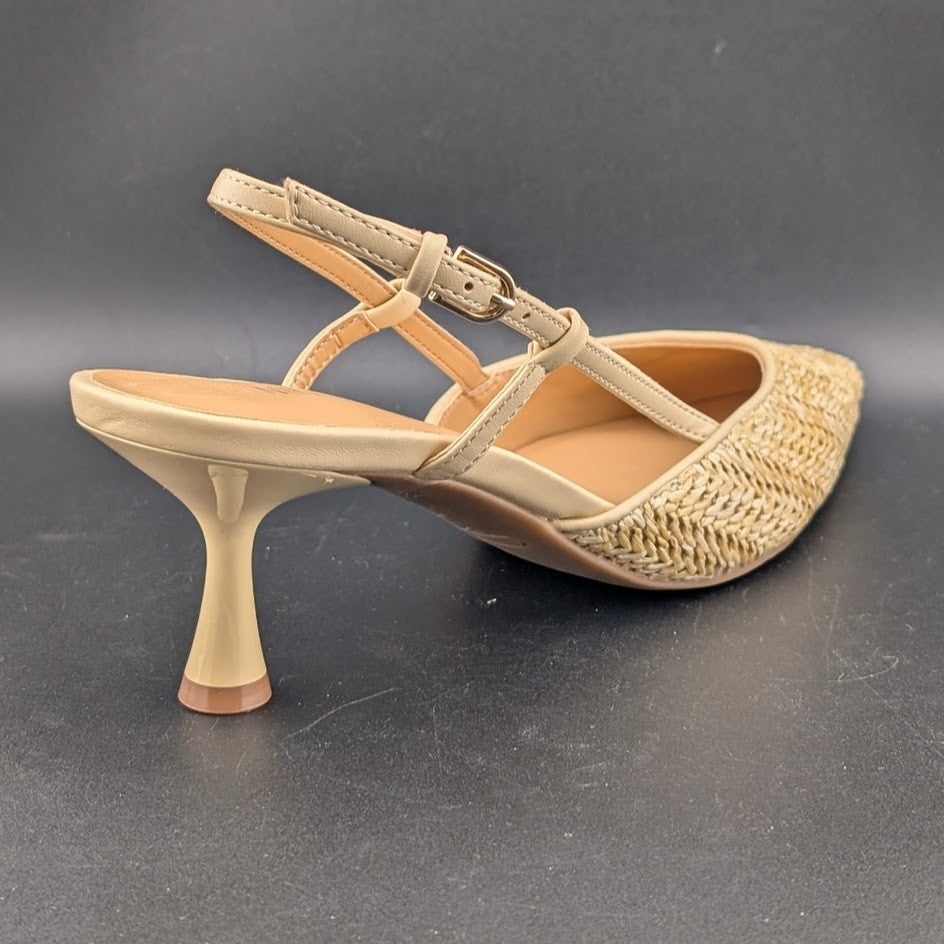 Nine West Rindy Woven Raffia Kitten Heel Pointed Toe Slingback Pump 8M Natural Nine West