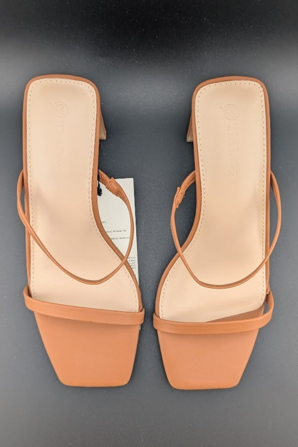 The Drop Sz 8 Avery Womens 3.5" Chunky Heel Toffee Brn Square Toe  Slide Sandals The Drop