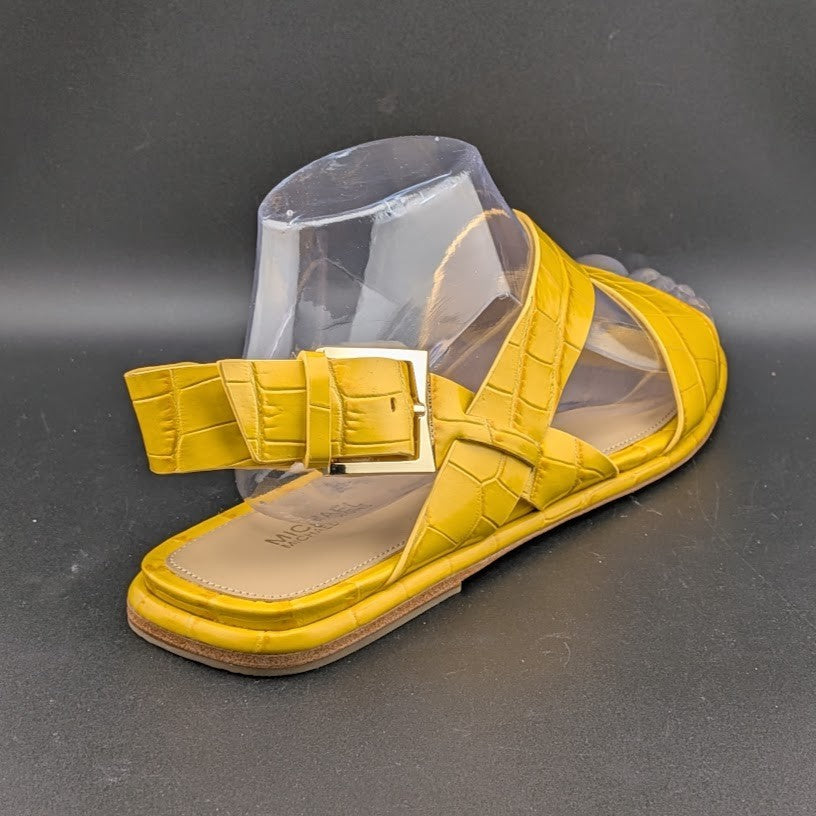 Michael Kors Size 9.5 Yellow Leather "Delilah" Croc Print Flat Sandals NEW Michael Kors