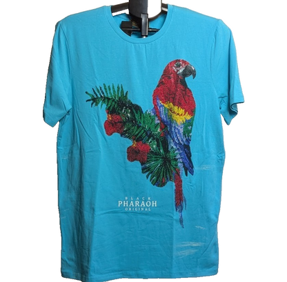 Black Pharaoh Men's Rhinestone Macaw Streetwear T-Shirt Size M Blue NWT Black Pharaoh