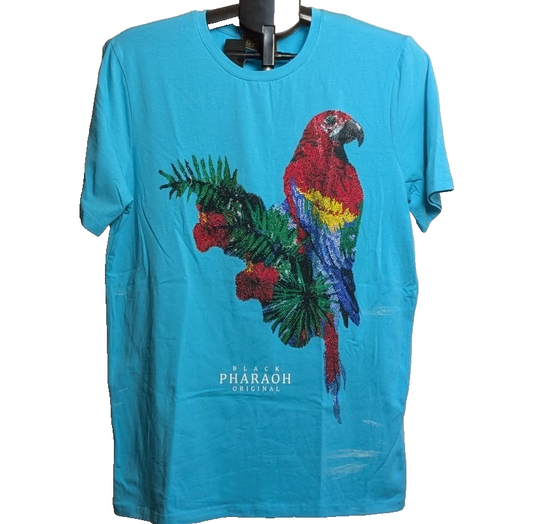 Black Pharaoh Men's Rhinestone Macaw Streetwear T-Shirt Size M Blue NWT Black Pharaoh